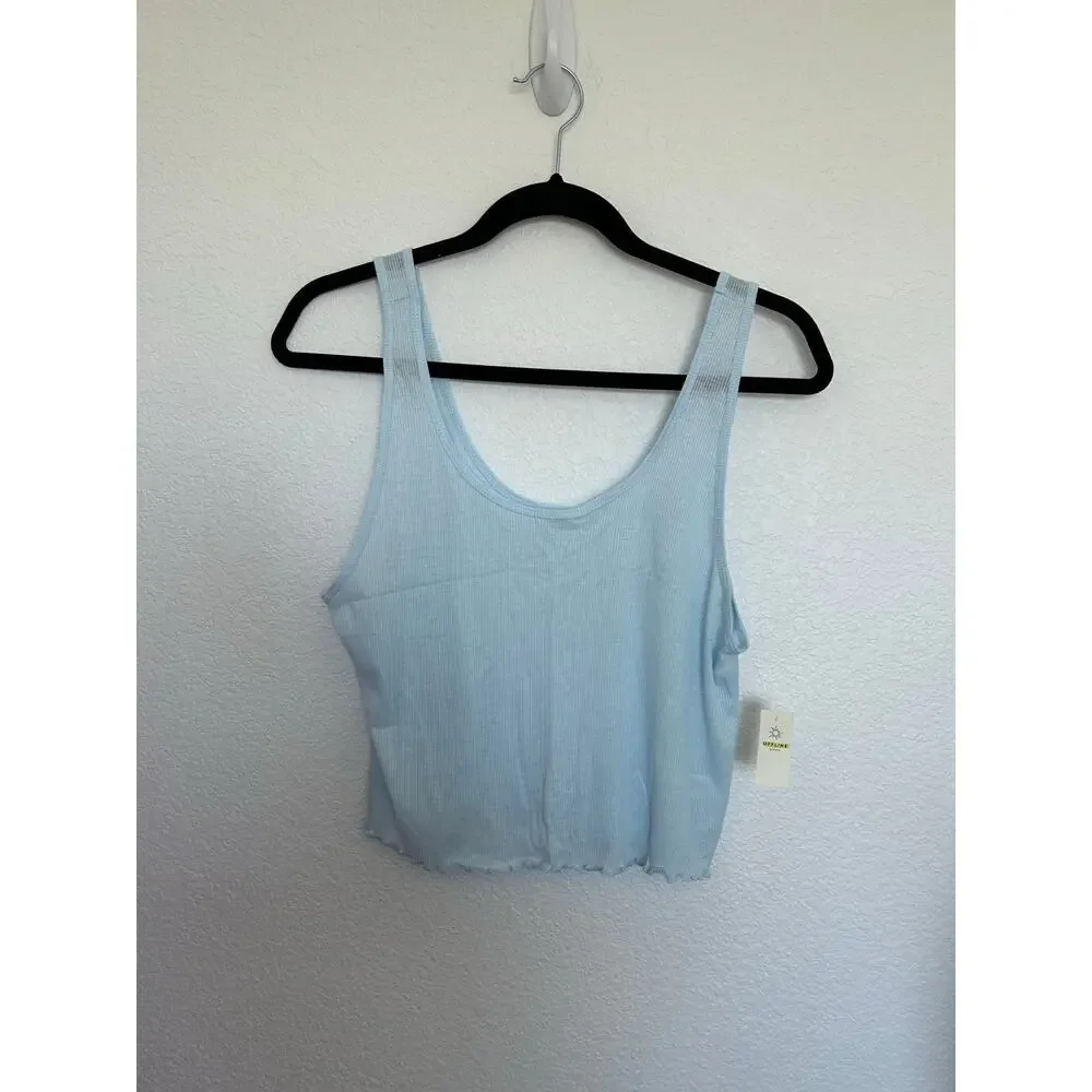 Aerie Offline Baby Blue Ribbed Lettuce Trim Cropped Tank - L - Picture 2 of 2